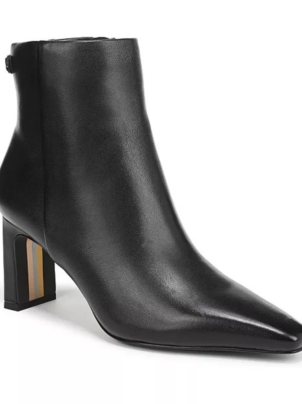 Sam Edelman Black Leather Pointed Toe Ankle Boot with Striped Heel
